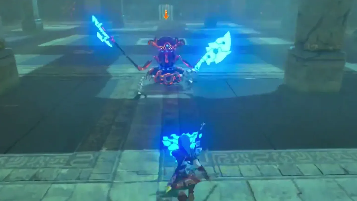 The Guardian Scout wielding an axe and a spear toward Link