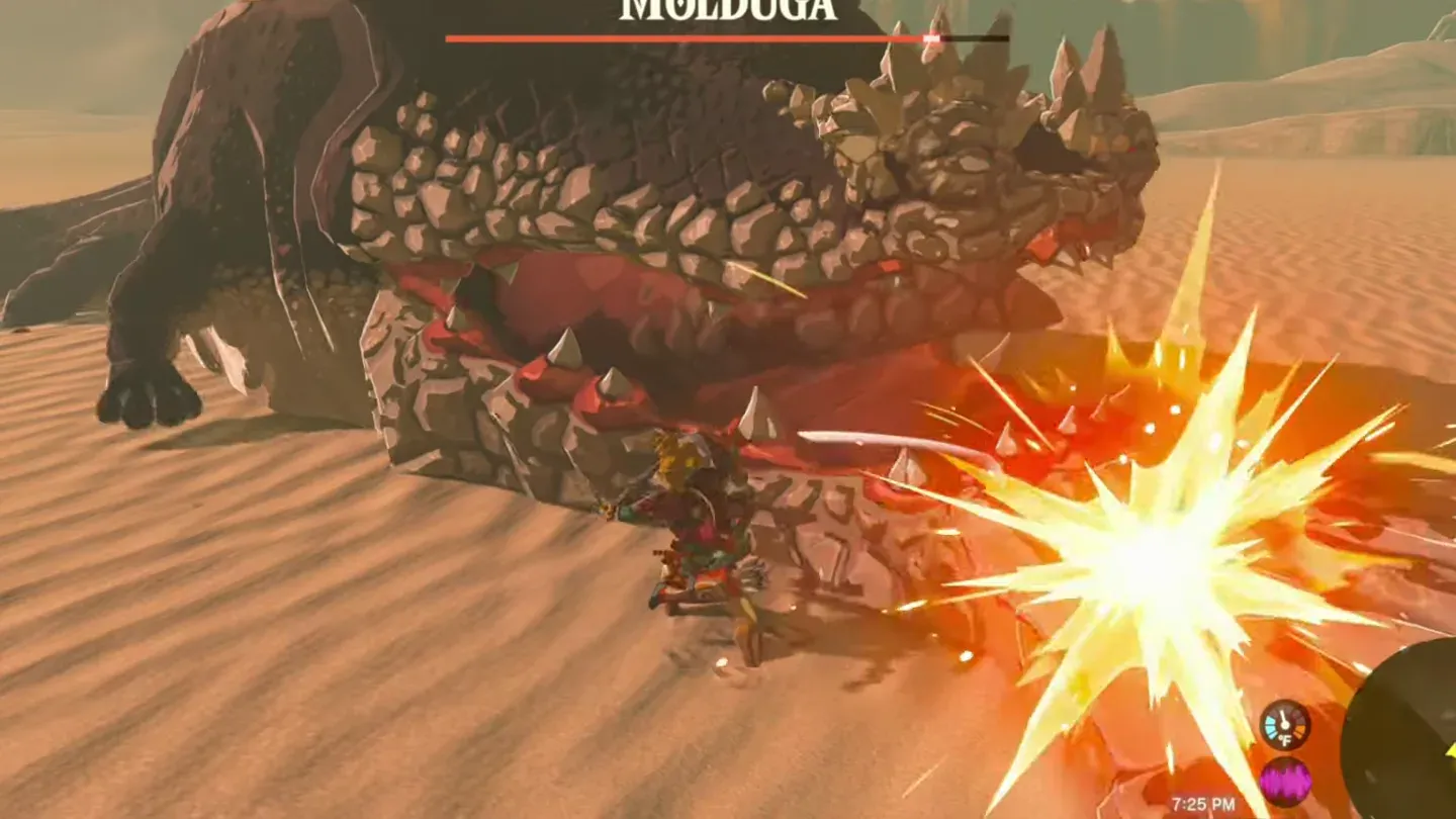 Link hitting a stunned Molduga lying on the sand