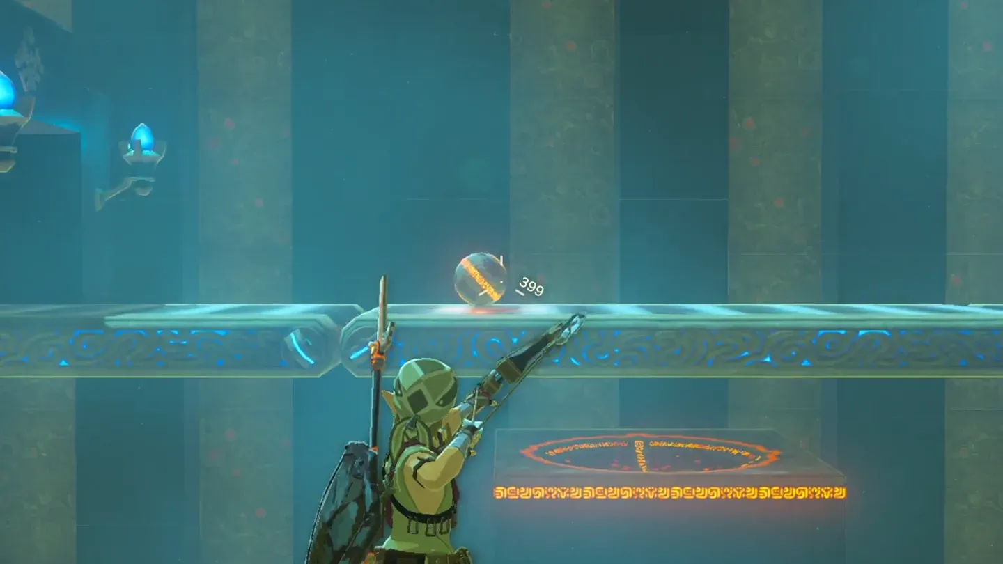 The orb lined up above the hollow as Link aims