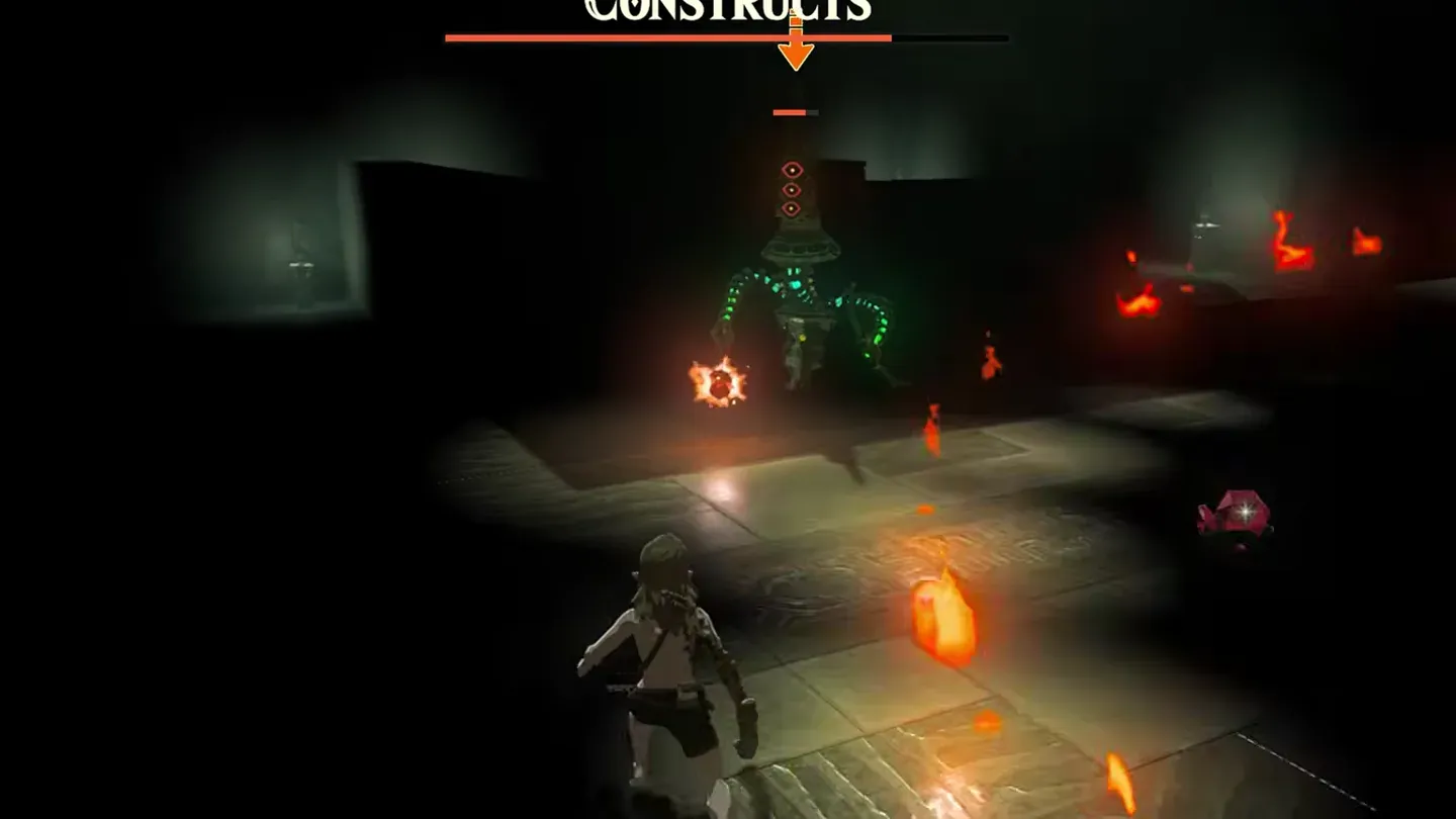 Link fighting a Construct with a burning weapon