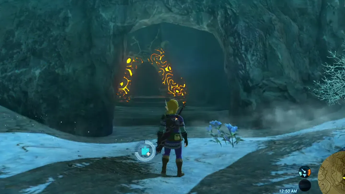 The cave opened, revealing the orange-lit shrine entrance