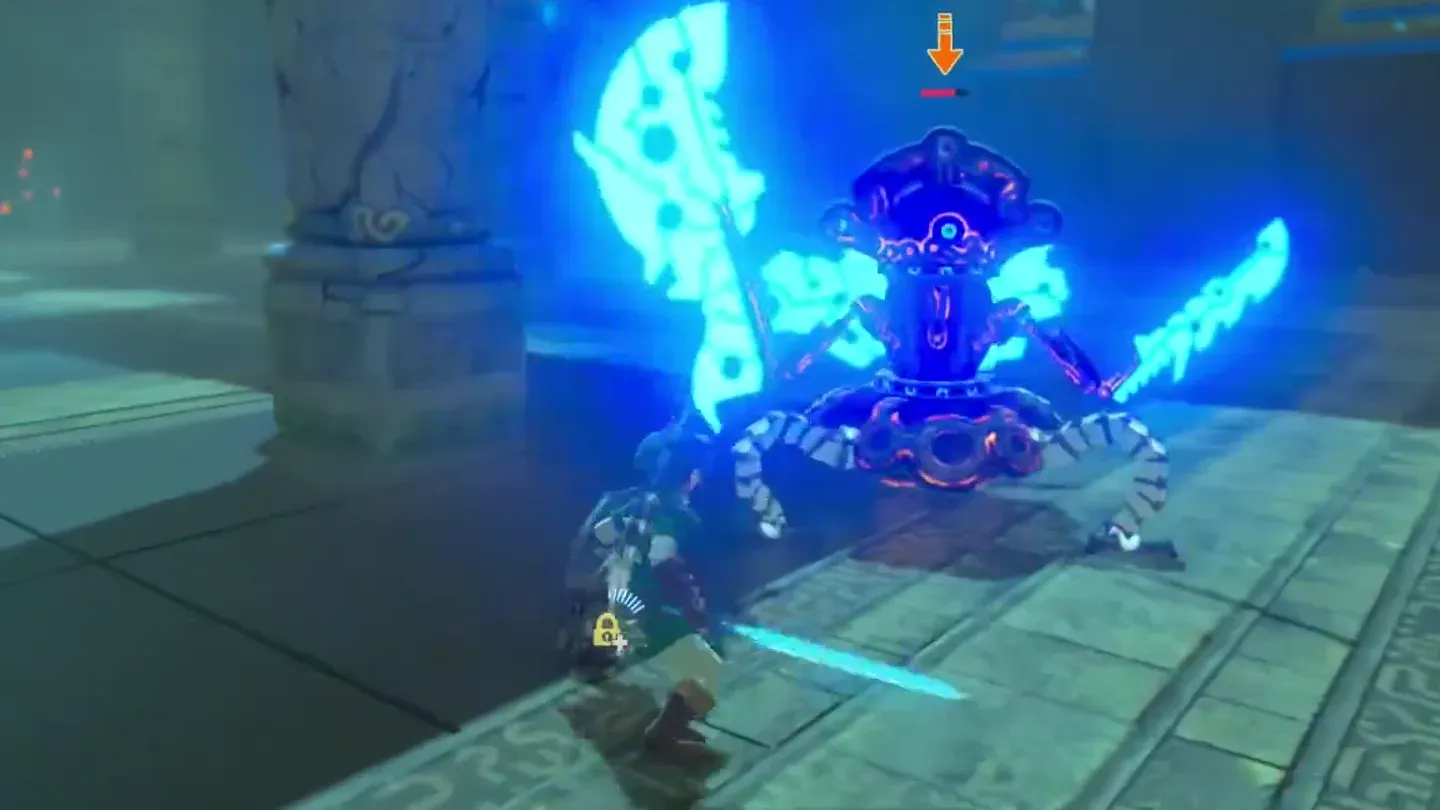 The scout swinging glowing blue blades at Link