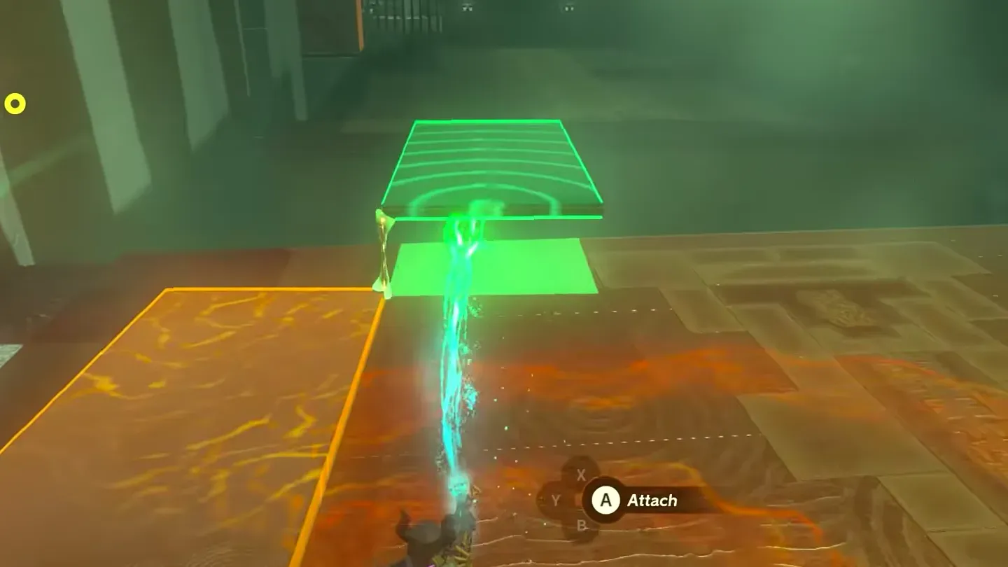 Ultrahand joining a green slab to the end of an orange slab