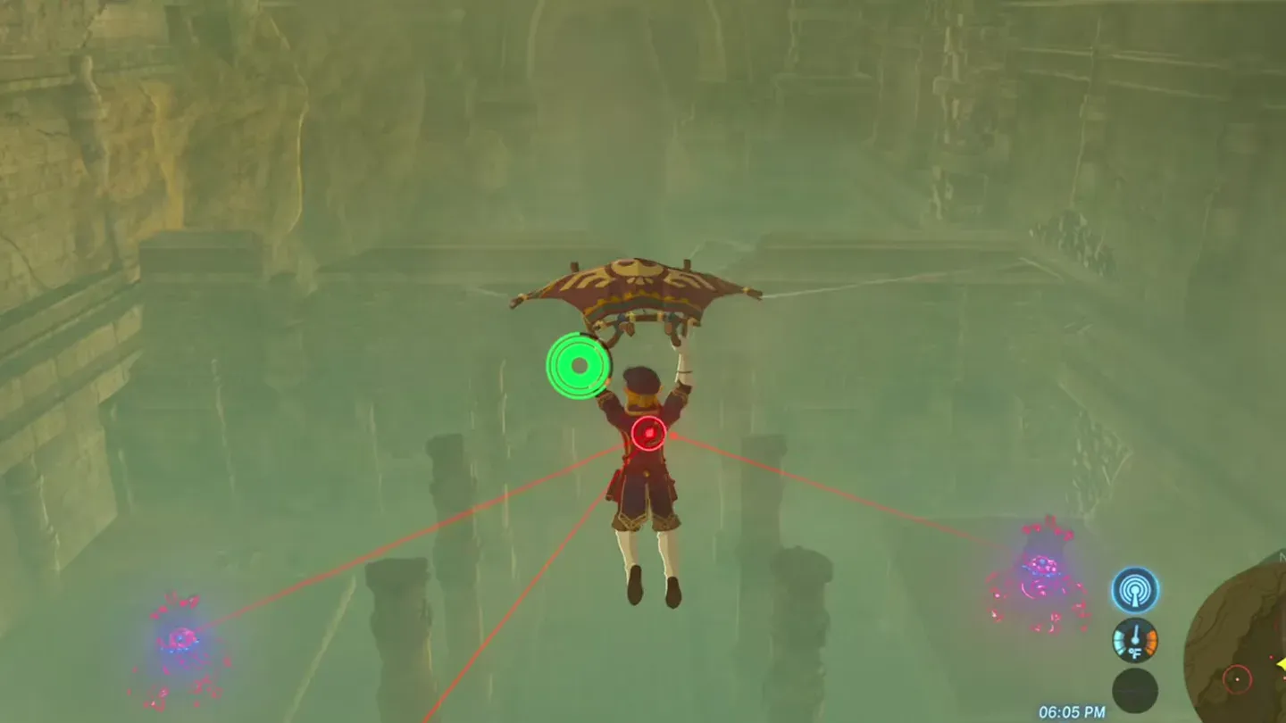 Decayed Guardians aiming red lasers at Link as he glides