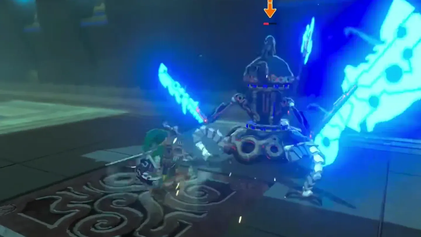 Link fighting the Guardian Scout IV at close range