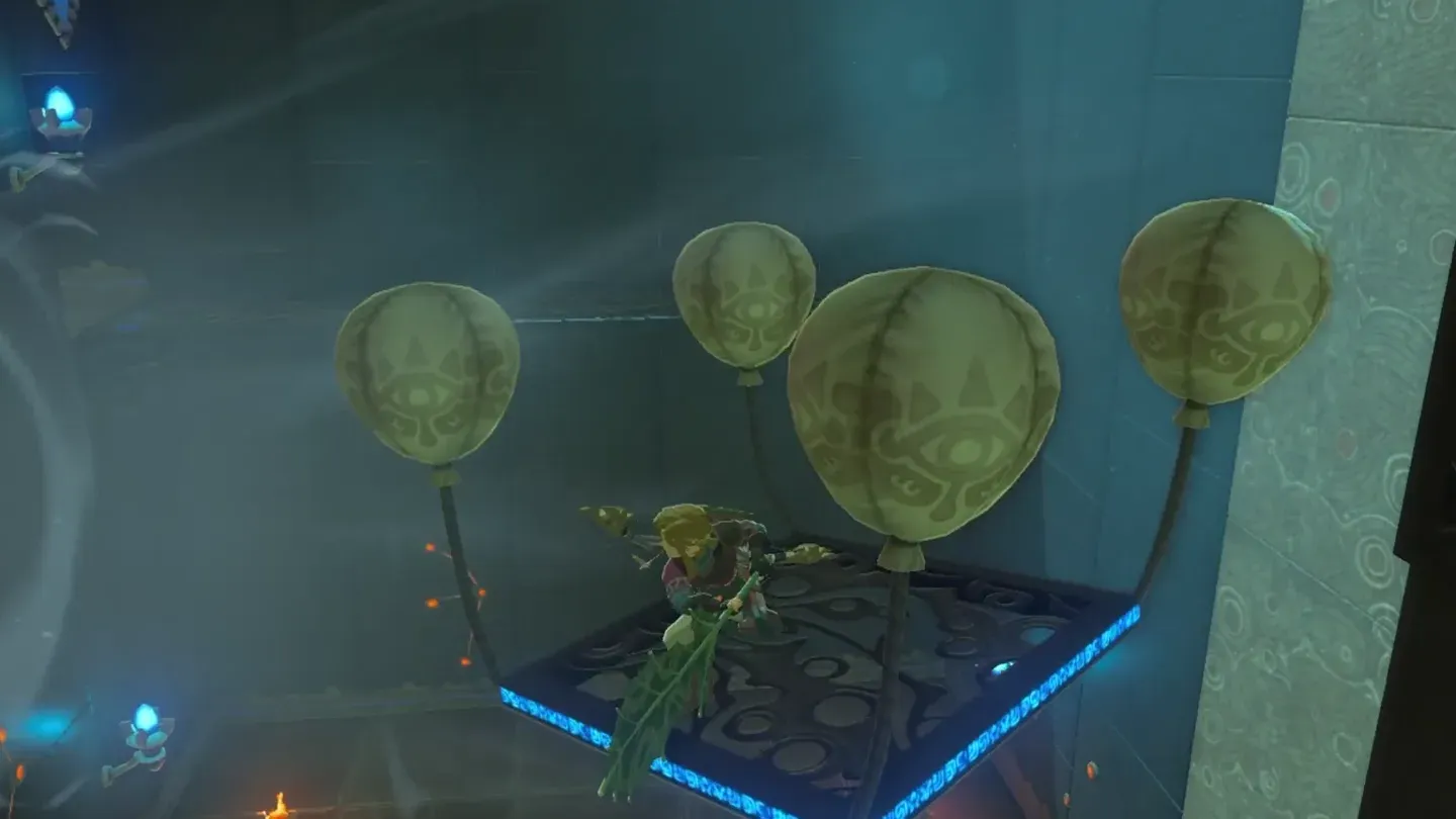 Link standing on a platform lifted by four balloons