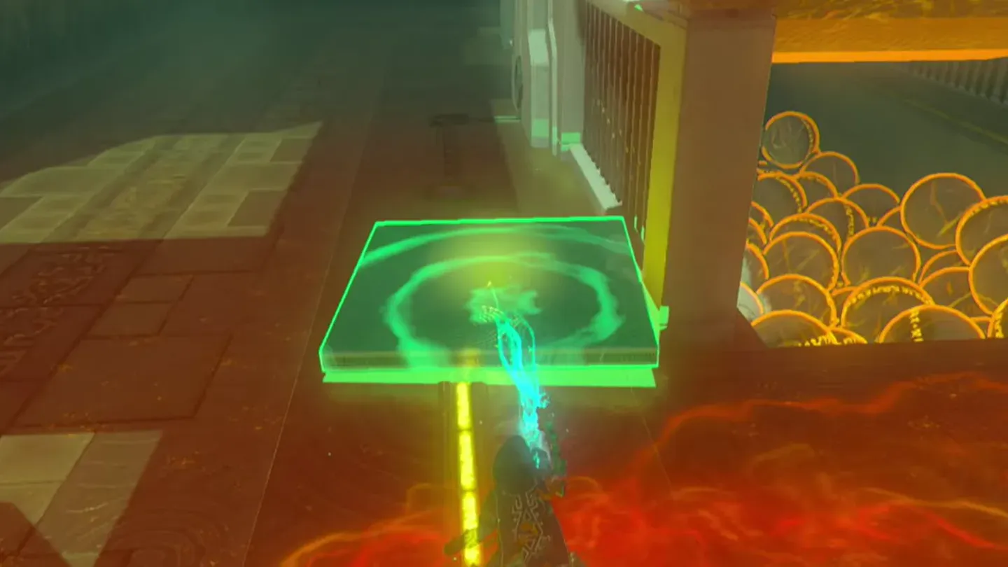 Ultrahand lowering a spare metal panel onto the glowing floor line