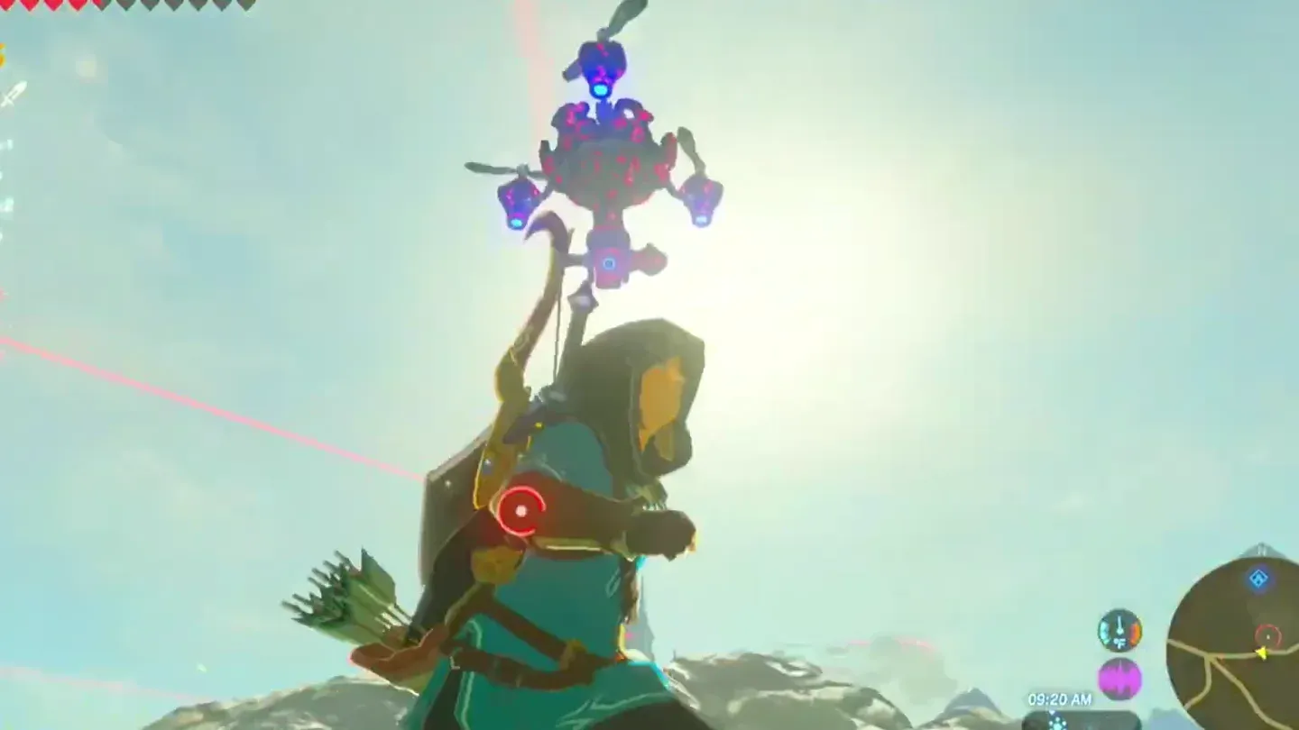 A Guardian Skywatcher with propellers hovering above Link, a red dot on his back