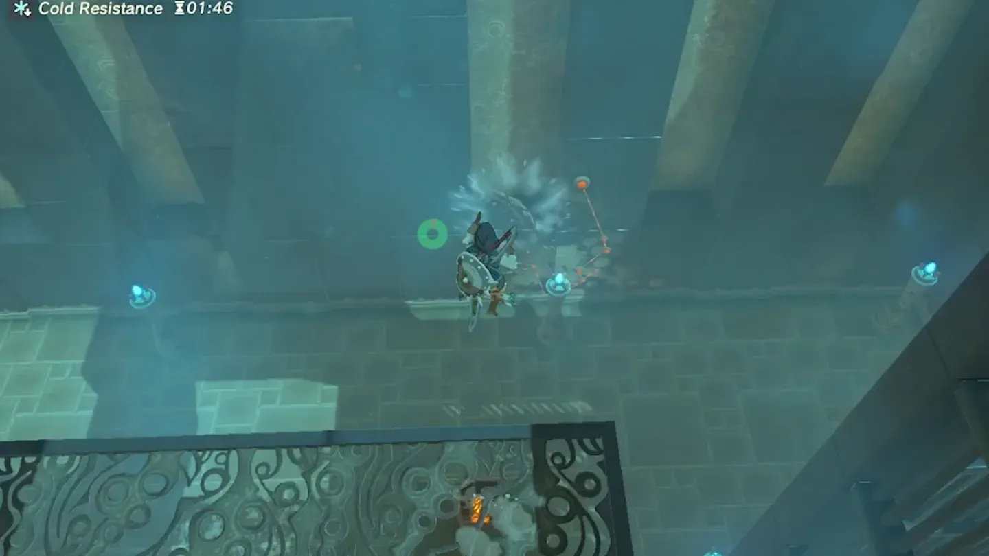 Link paragliding down toward a pillar below the walkway