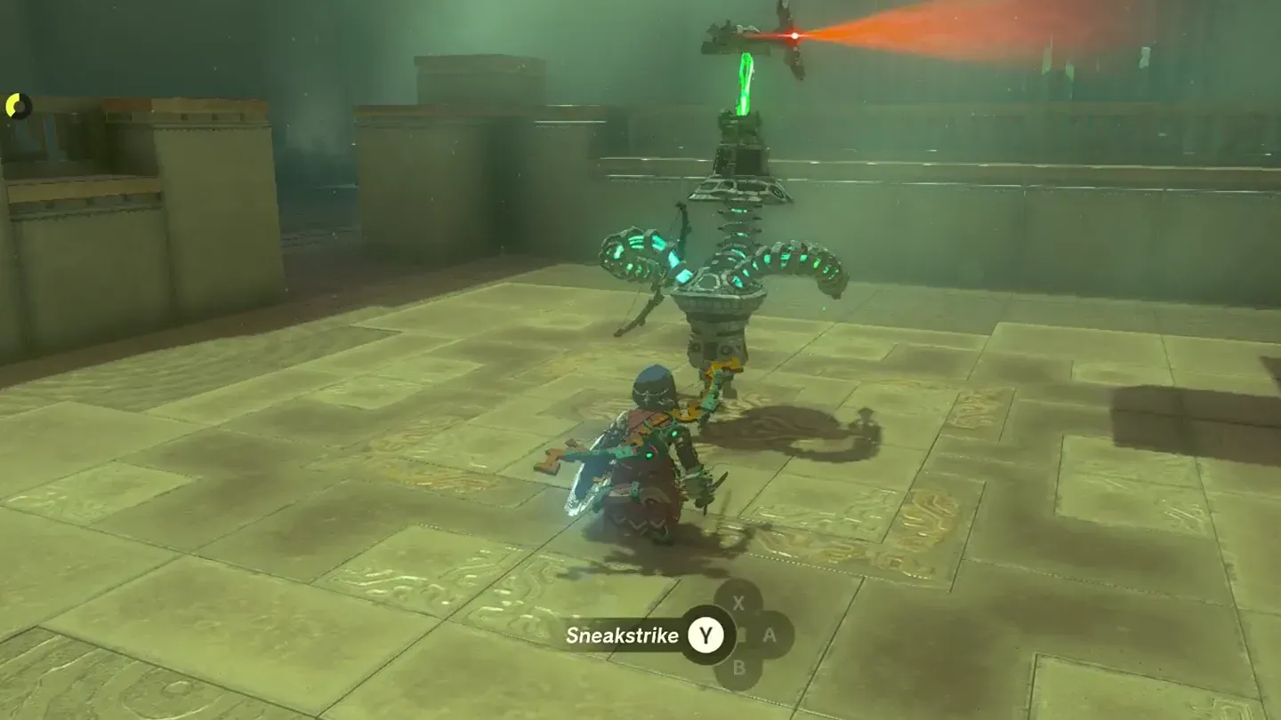 Link crouched right behind the Construct with the Sneakstrike prompt