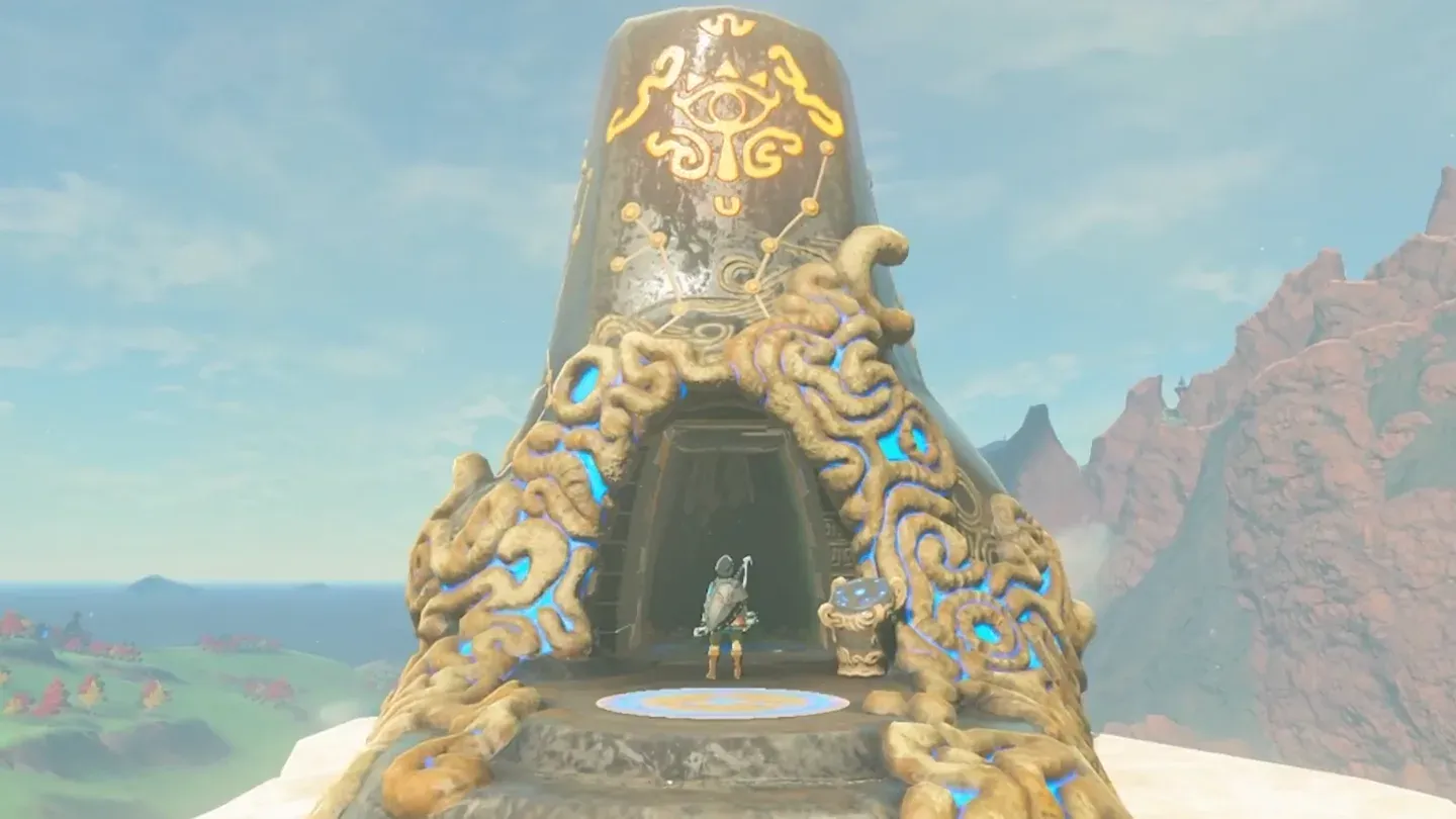 The shrine at the summit glowing blue after activation