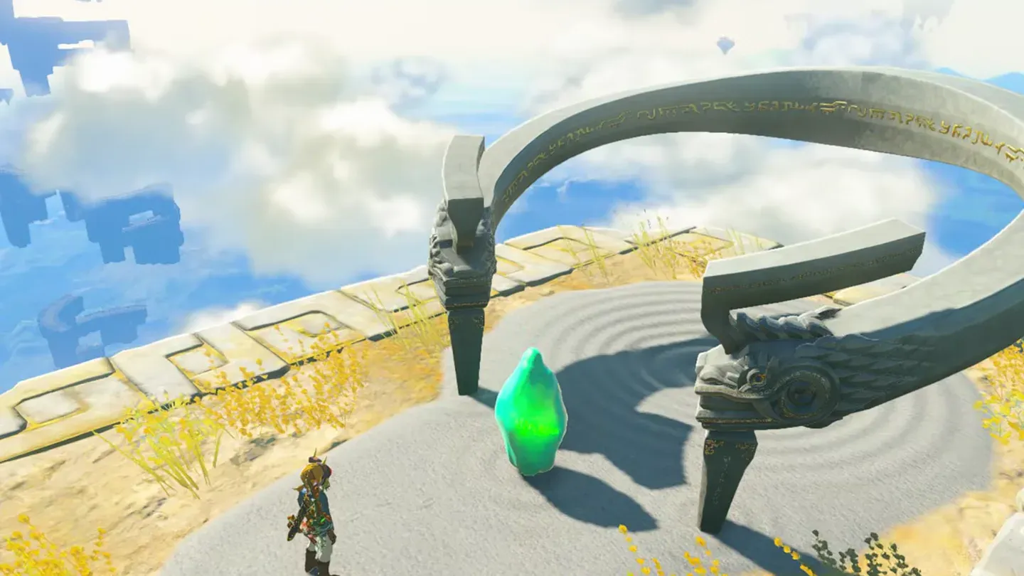 The green crystal set on the shrine's pedestal