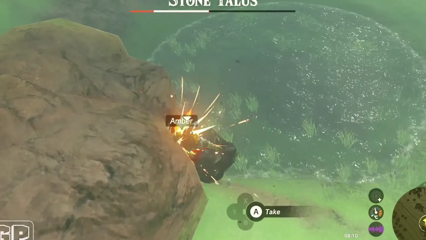 Amber and ore chunks flying off the Stone Talus's ore deposit