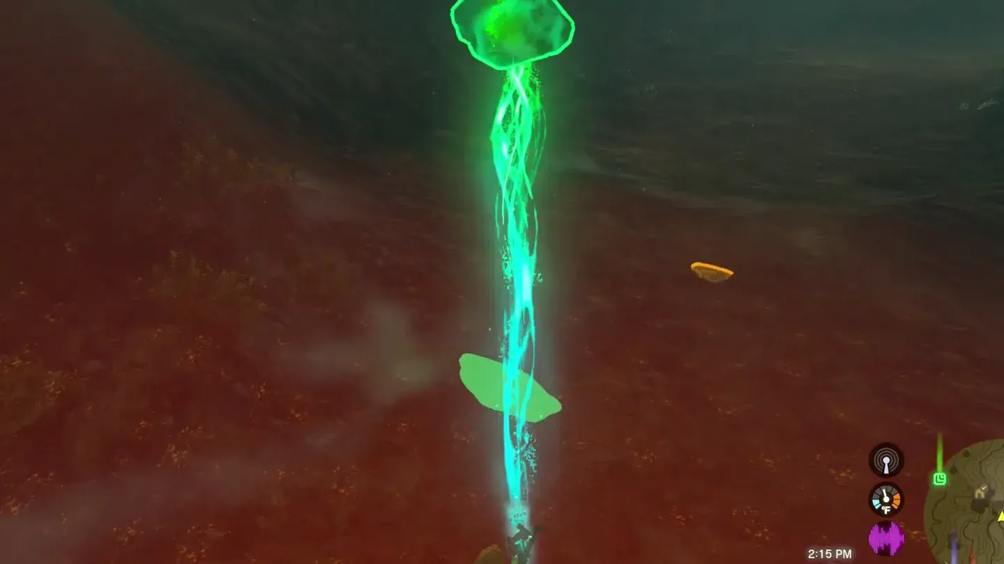 Ultrahand carrying the glowing key through the red cave