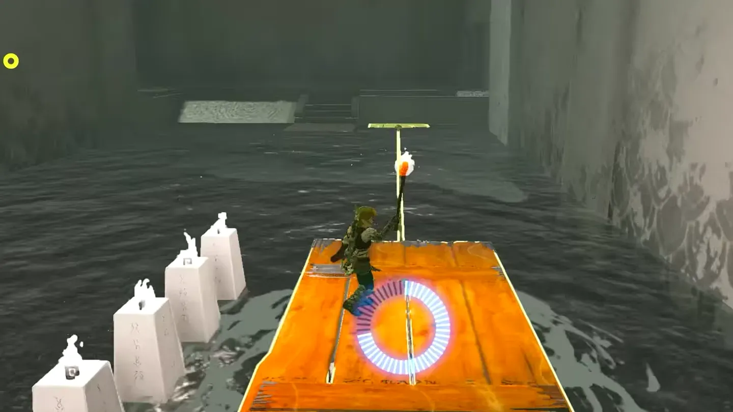 Link riding a recalled wooden platform past the fire pillars with his torch
