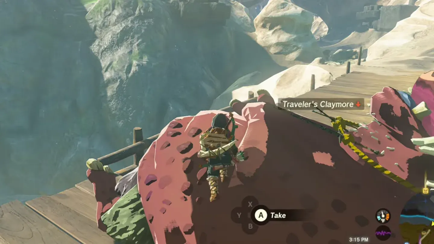 Link on the Hinox's chest next to a Traveler's Claymore on its necklace