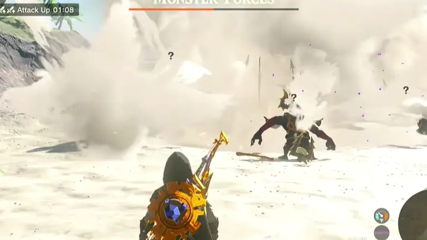 A dark Black Bokoblin with a yellow three-pronged horn standing in dust on a beach