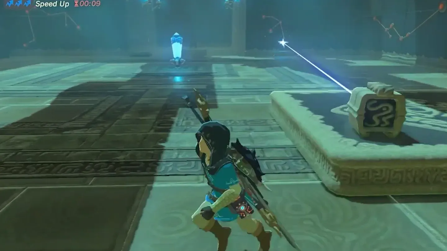 The emitter set on the moving platform, its beam aimed across the room
