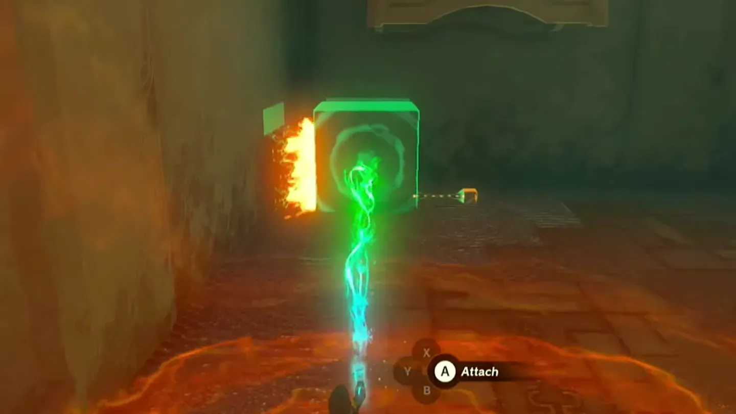 Ultrahand pressing the stone cube against a flame jet on the wall