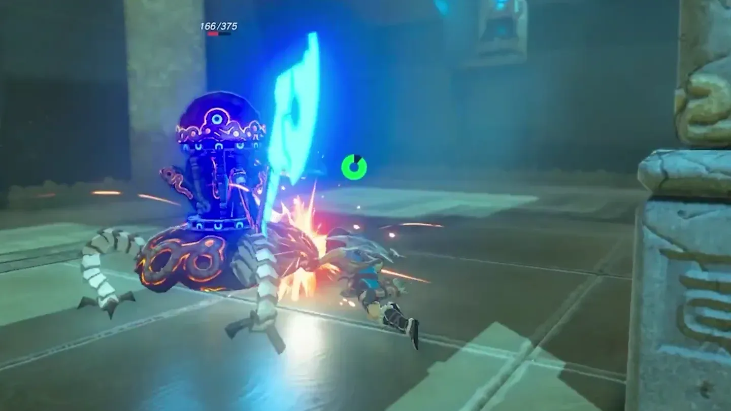 Link striking the Guardian Scout at close range