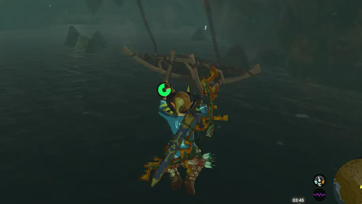 Link climbing onto a rock in the middle of the lake