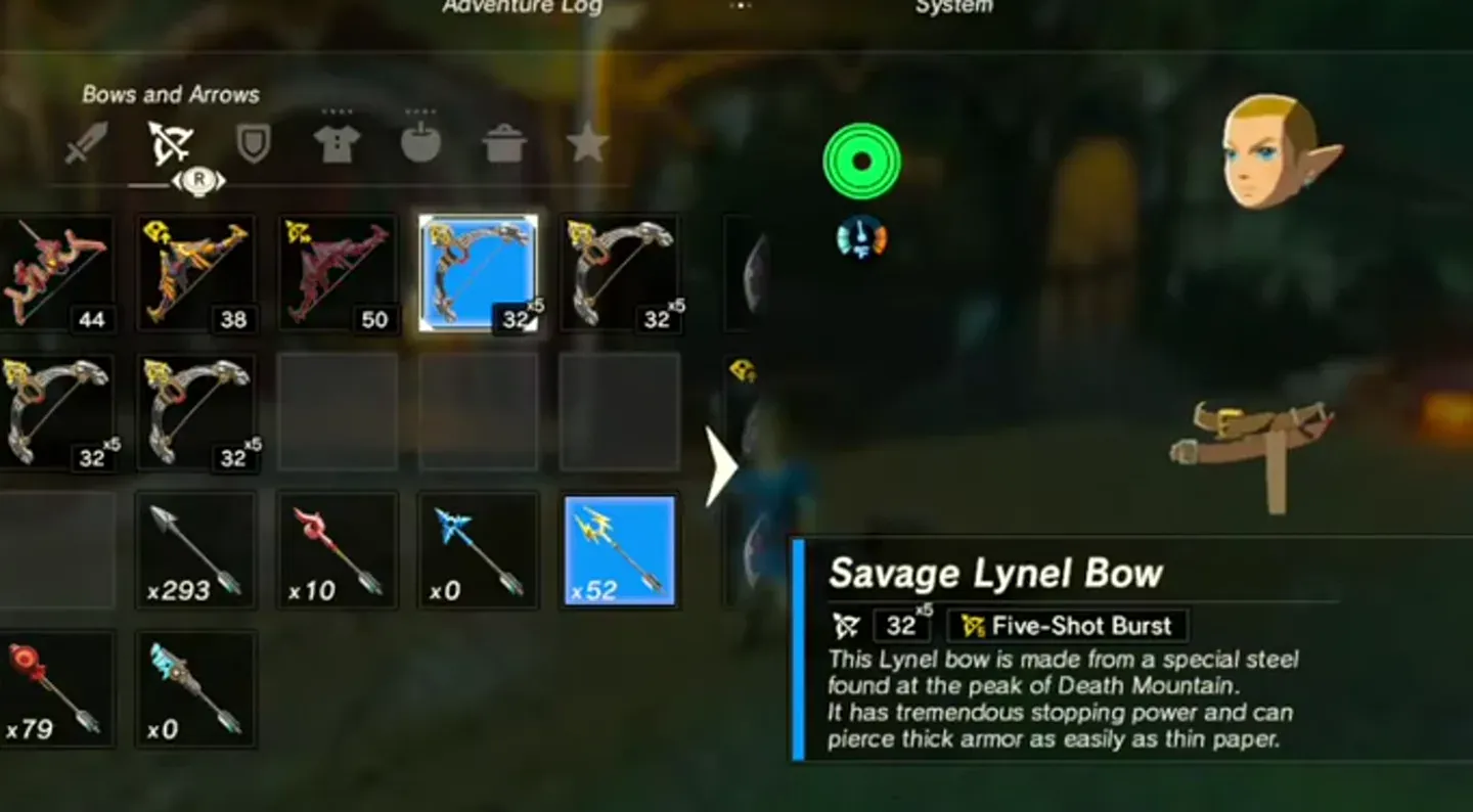 The inventory showing Link as a floating head and belt with a Savage Lynel Bow selected