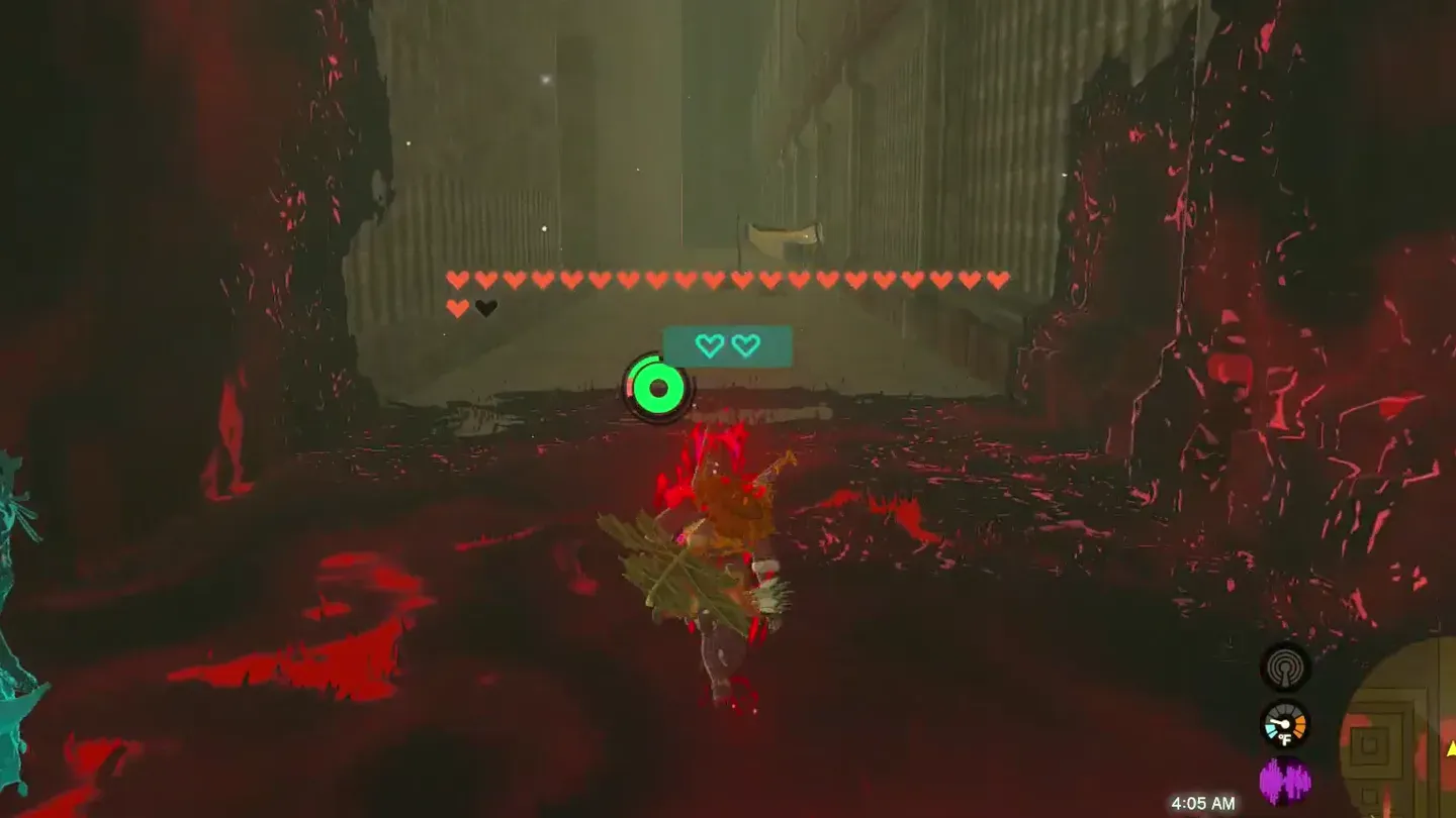 Link walking through a patch of red Gloom in the labyrinth