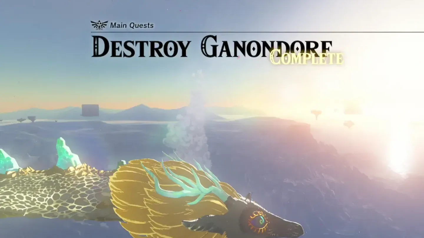 The main quest Destroy Ganondorf marked Complete, with the Light Dragon flying over Hyrule