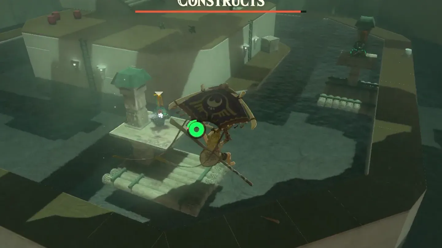 A Construct on a wooden tower drifting across the water