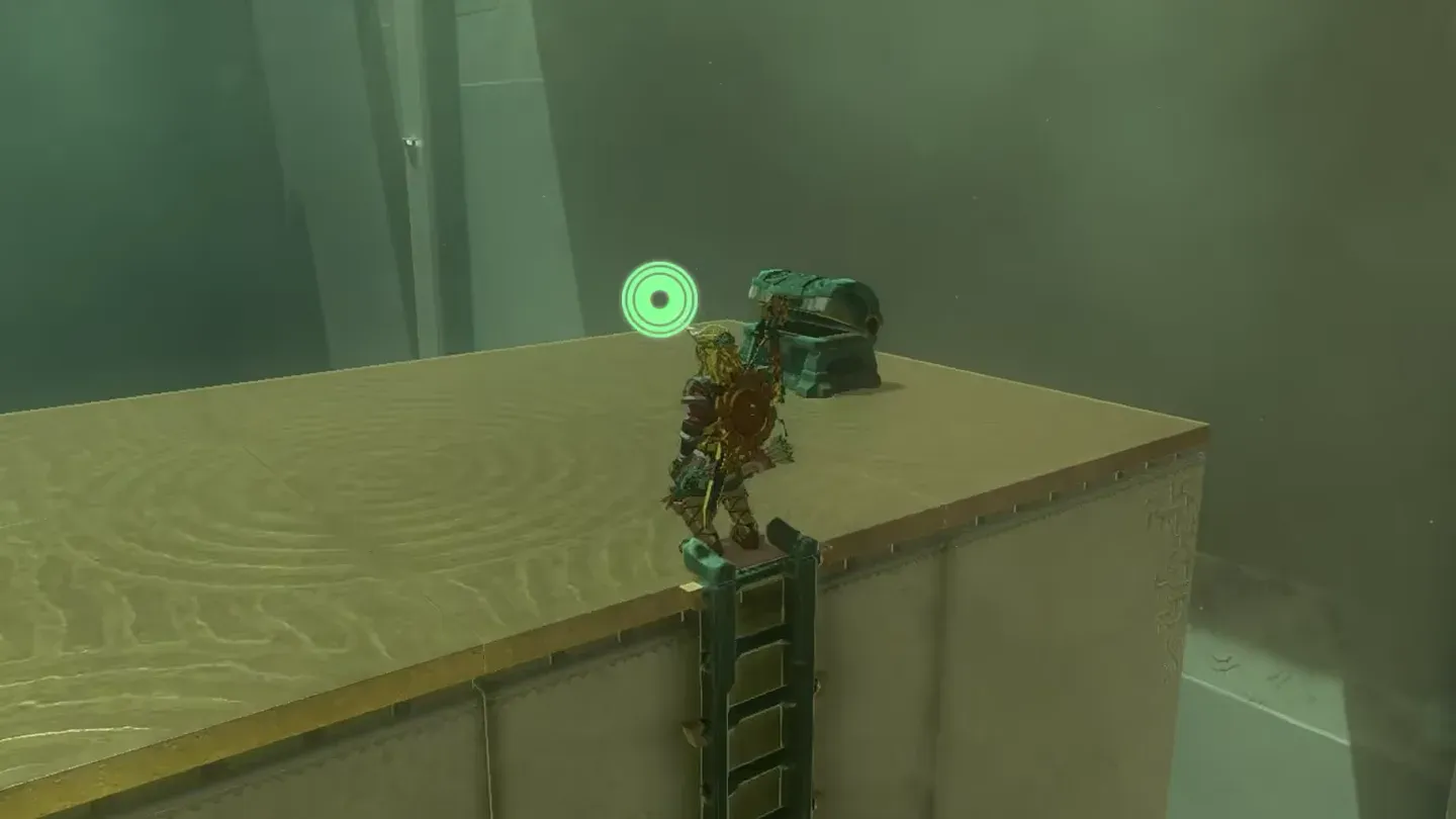 Link climbing the ladder from the ledge with a chest on top
