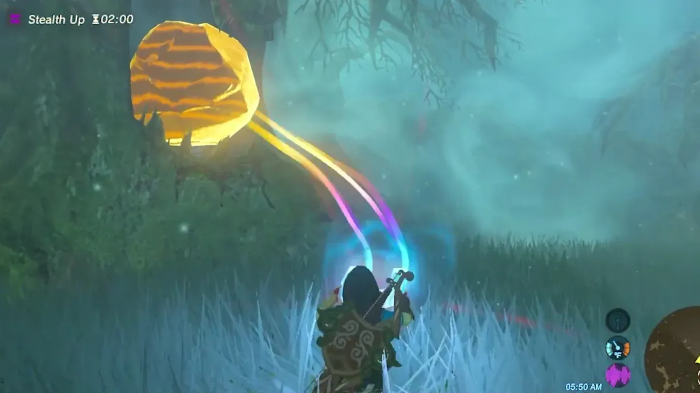 Magnesis highlighting a metal boulder in the mouth of a tree