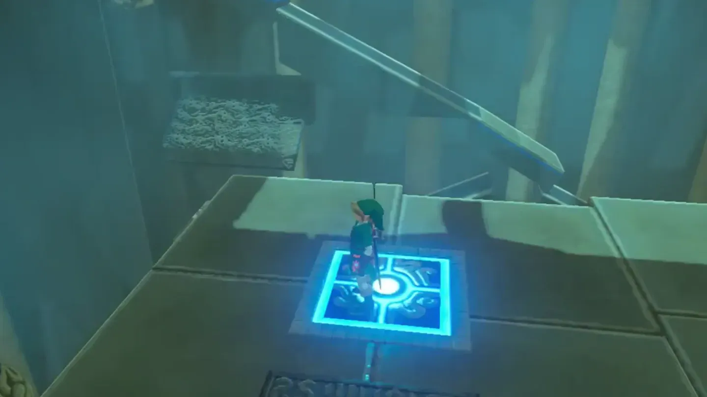 Link standing on a floor switch that glows blue