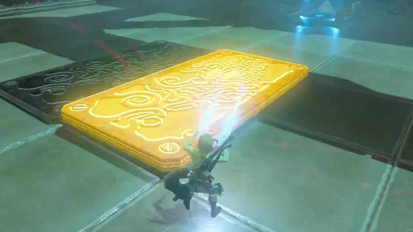 Link lifting a glowing iron floor plate with Magnesis