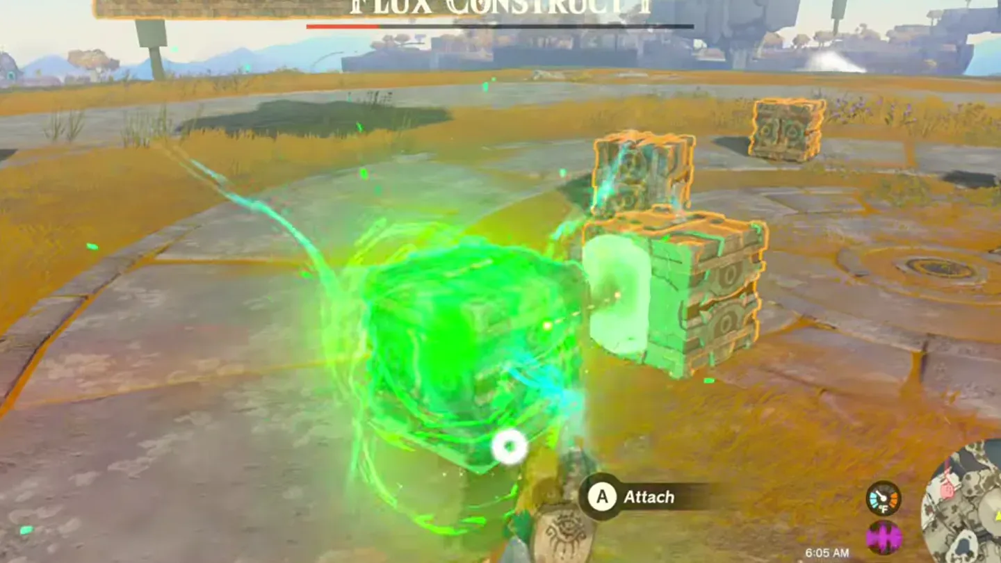 Link pulling a block out of the Flux Construct with Ultrahand
