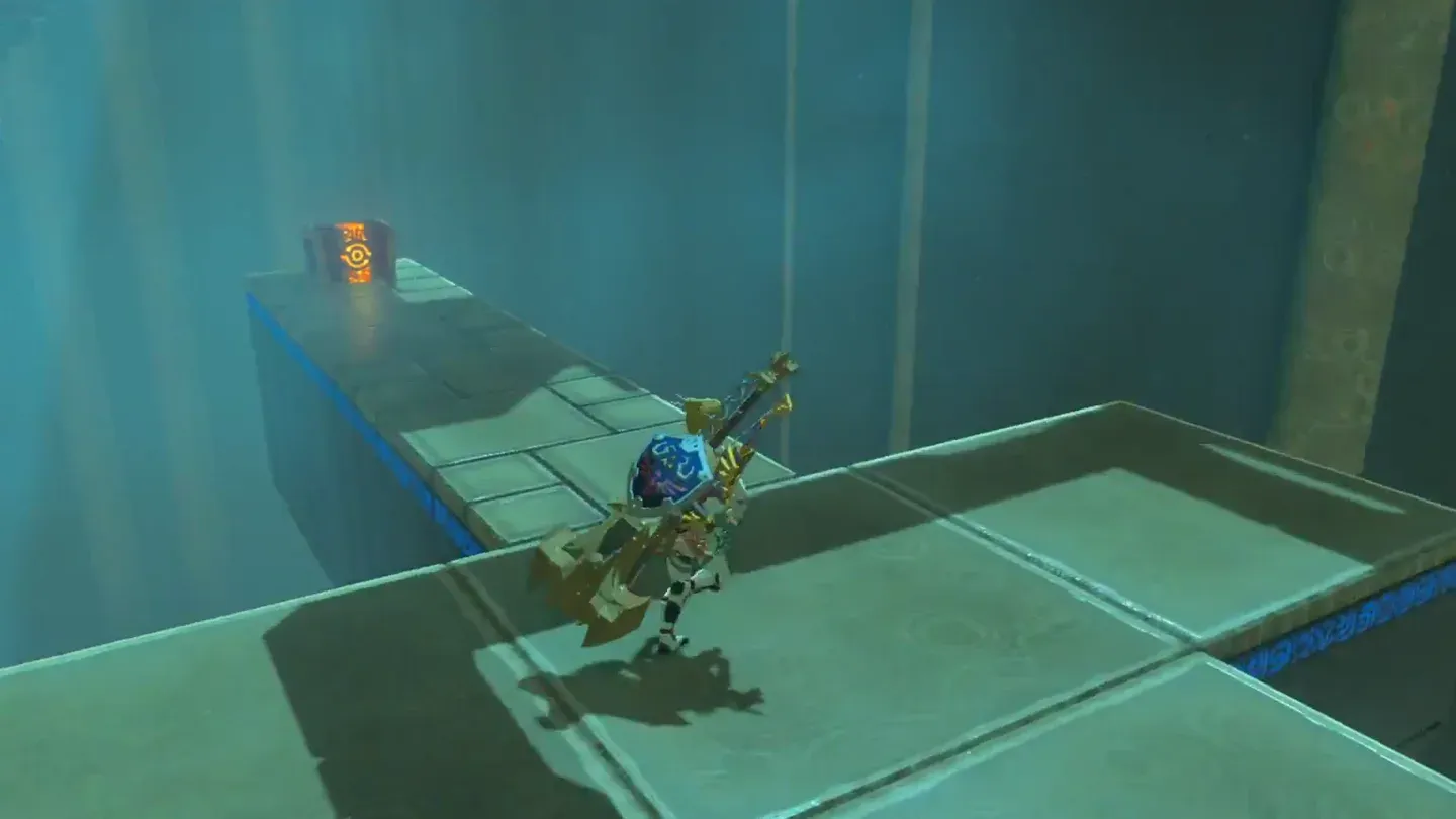 Link crossing the lowered bridge with a chest ahead on the right