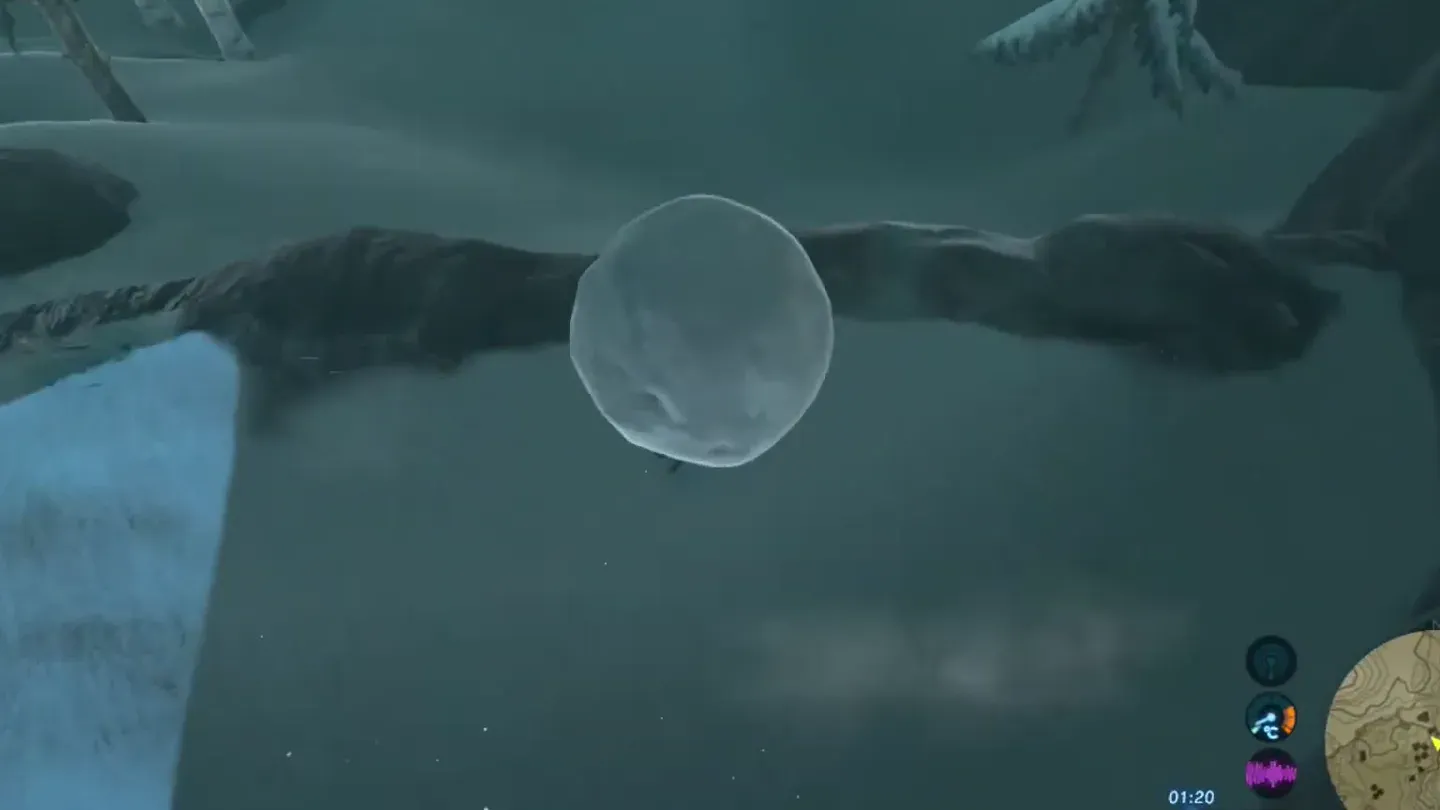 The big snowball dropped over the edge toward the slope