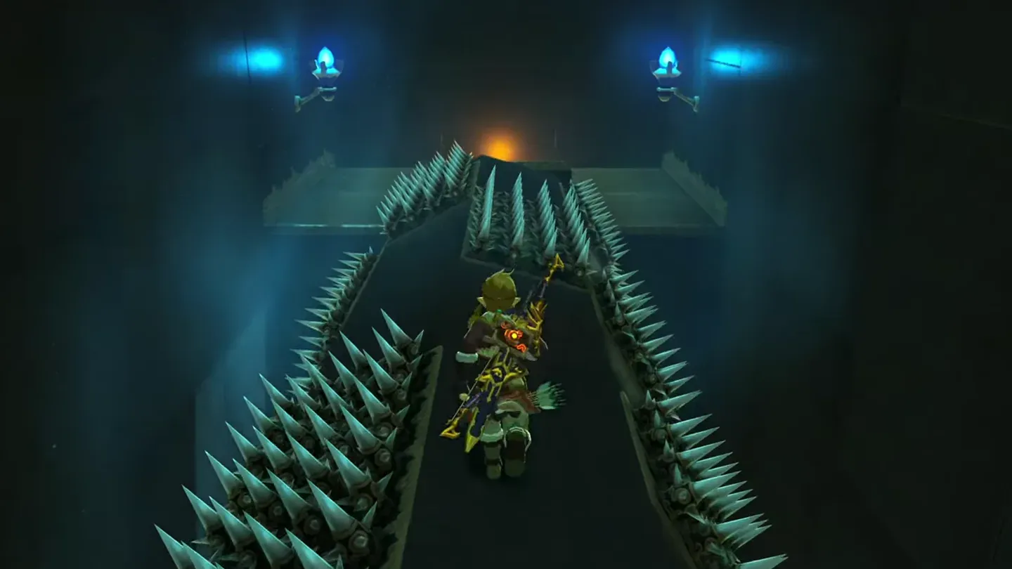Link walking on a rotating hexagonal column lined with spikes over lava