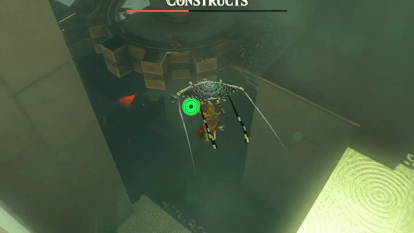 Link gliding down toward the lower level with the giant gear above