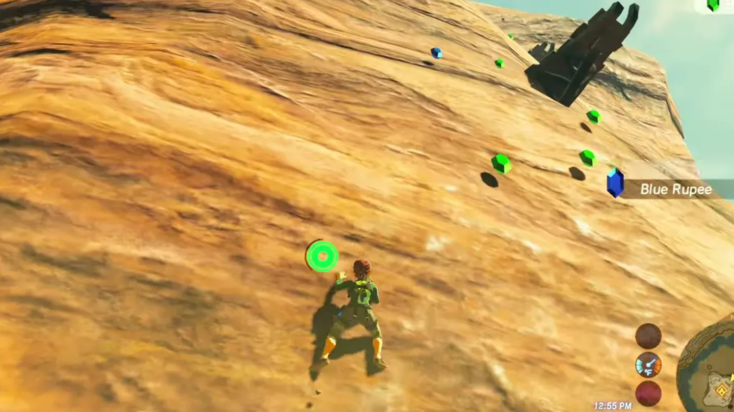 Link climbing the rock face toward floating Rupees