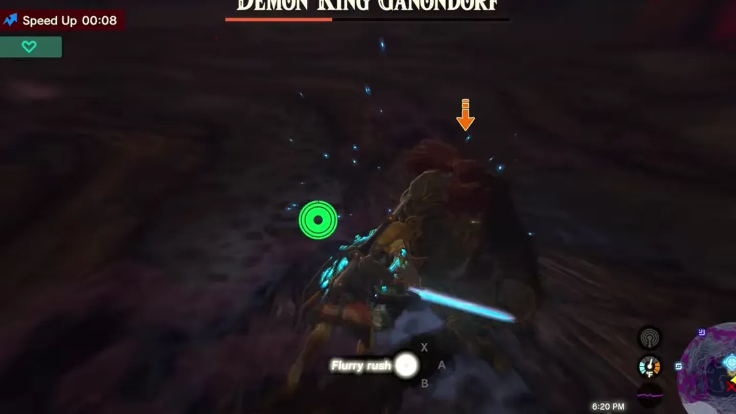 Link dodging Ganondorf with the Flurry Rush prompt on screen