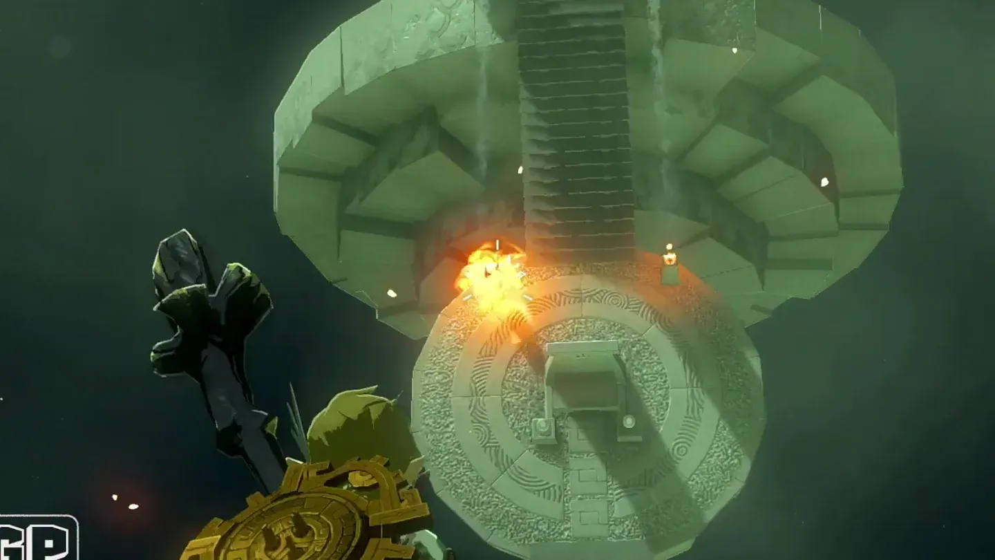 A fire arrow bursting on the second pillar while the first already burns