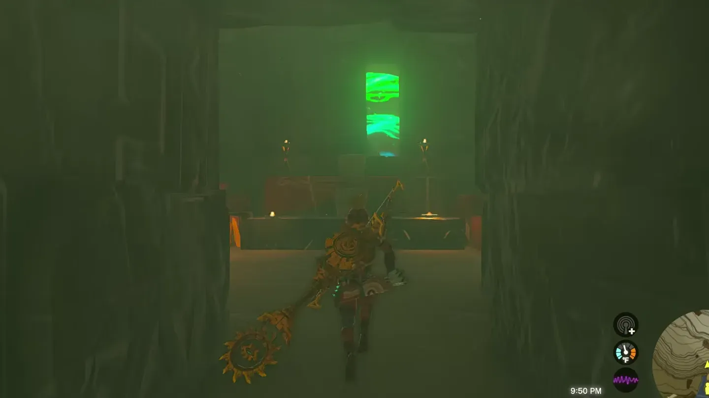 The opened room behind the blademaster with the shrine glow at the back