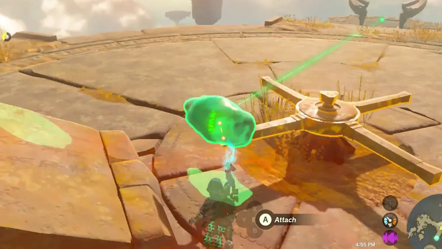 Link carrying the green crystal with Ultrahand on the shrine island