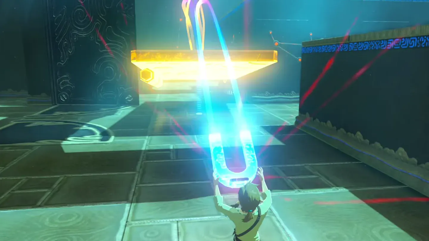 Link lifting the metal door with Magnesis toward a raised platform