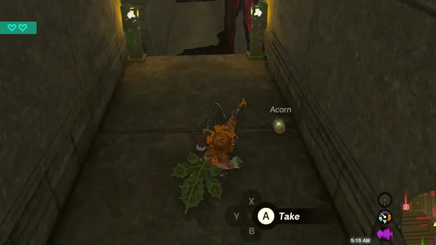 An Acorn on the floor of a corridor in the labyrinth