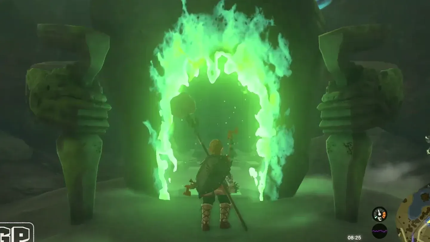 Link entering the glowing green shrine door
