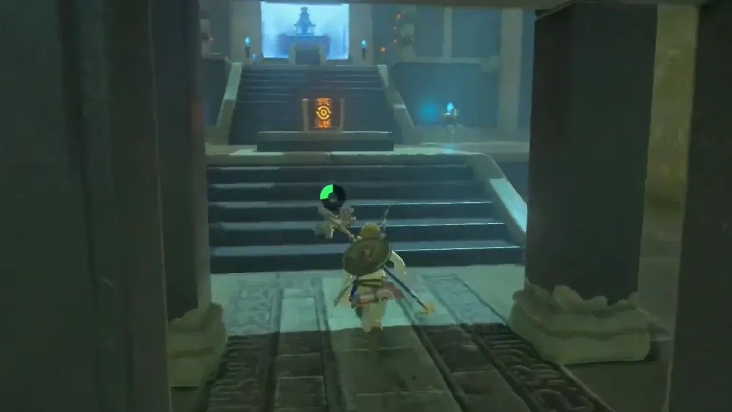 A treasure chest at the foot of the stairs to the monk