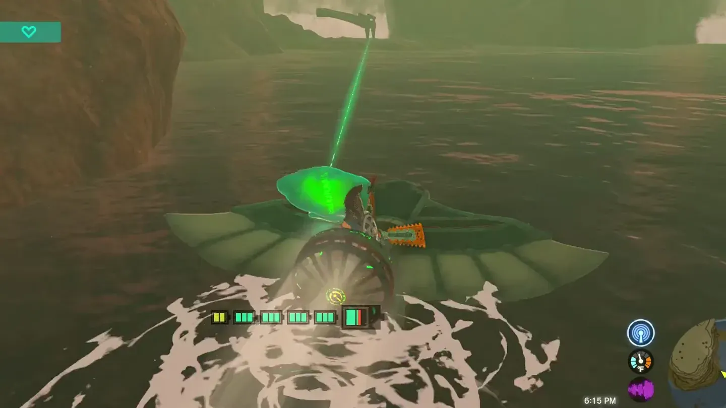 Link riding the fan boat across the lake, the crystal's green beam pointing ahead