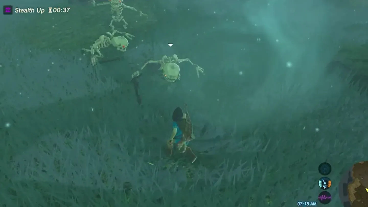 Skeleton monsters rising from the ground near Link in the fog
