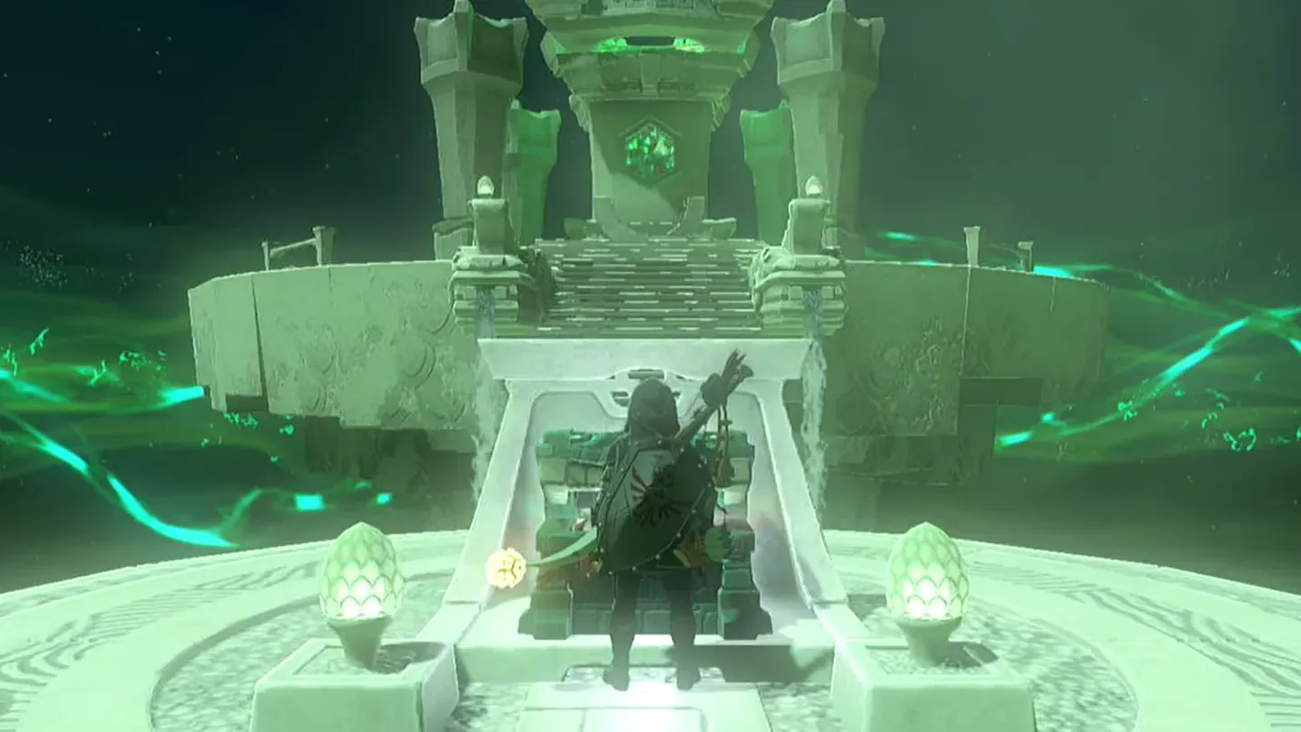 Link at the open chest in the Rauru's Blessing room